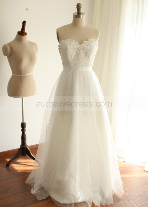 Ivory Sweetheart Strapless Lace Tulle Pearls Decorated Long Wedding Dress